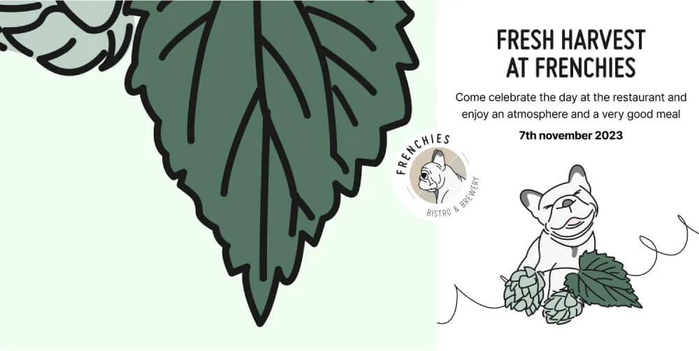 Affiche « Fresh harvest at Frenchies » avec Lucky et des feuilles de houblon