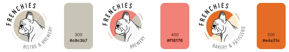 Trois déclinaisons du logotype Frenchies (bistro, brewery, bakery) et leurs couleurs : #c9c3b7, #f18176, #e4a31c