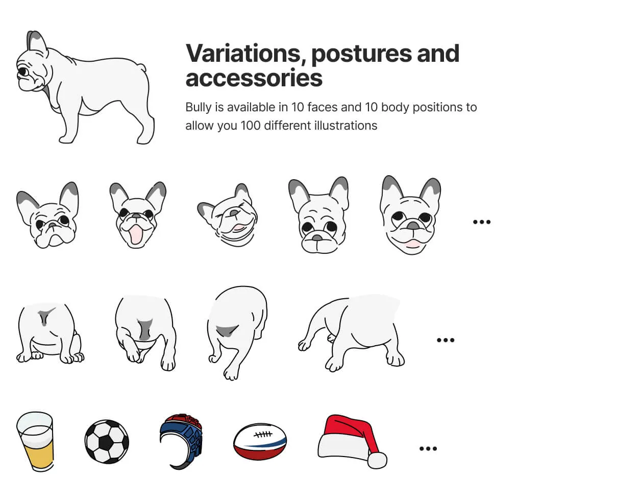 Lucky : variations de têtes, de postures et d’accessoires. 10 visages et 10 positions de corps pour 100 illustrations possibles