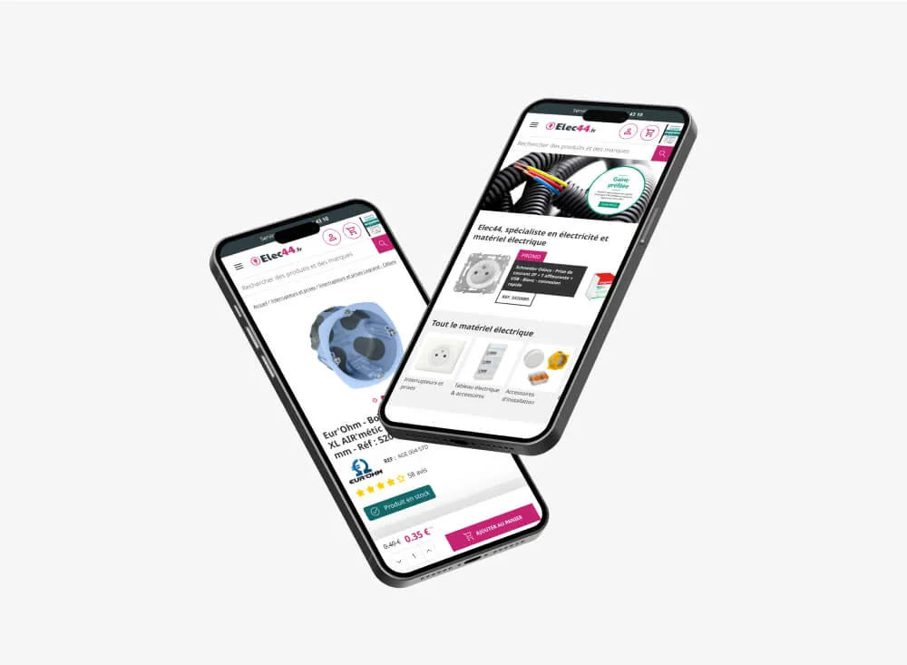 Pages produit Elec44 sur deux smartphones