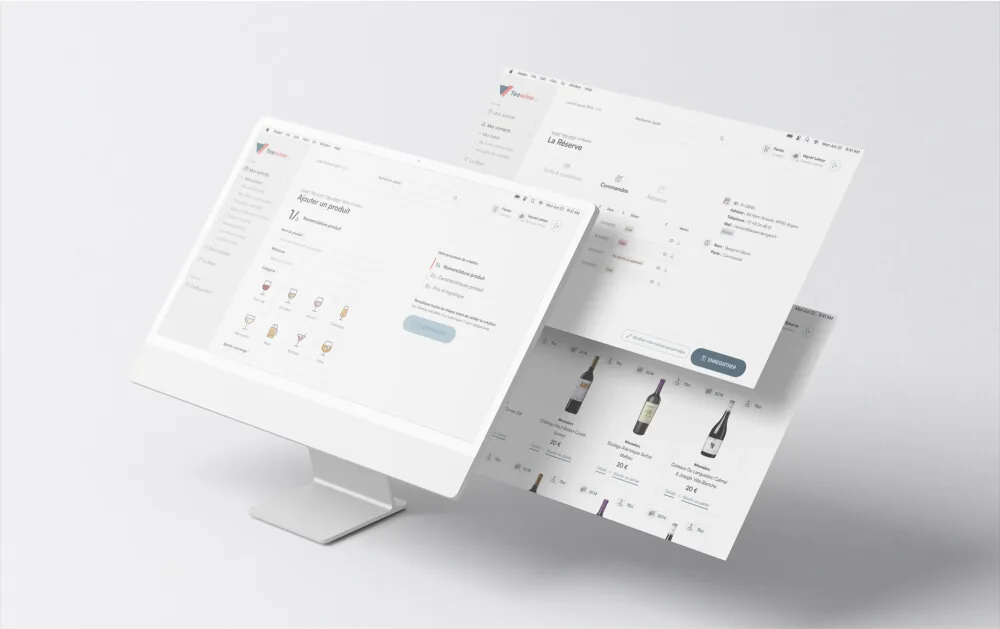 Prototypes of a SaaS business application (Winetailors) on a desktop screen